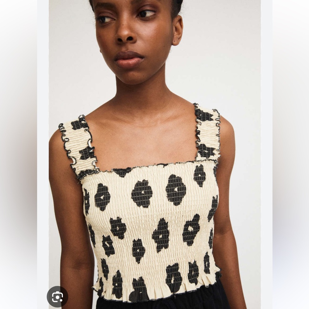 Smocked Cream Tank Top with Black Spot Print